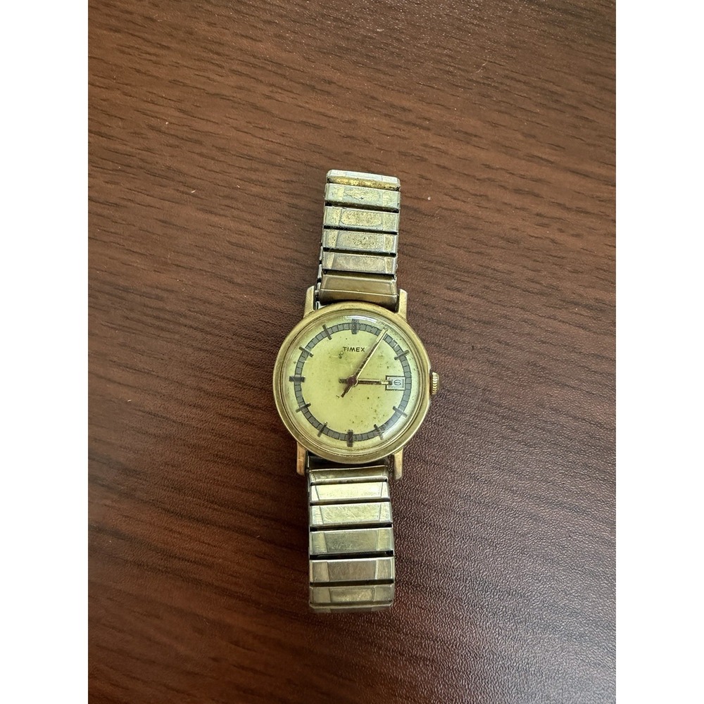 Vintage Timex Mens Dress Watch Speidel Band Gold Tone Date 10KGF Lugs UNTESTED